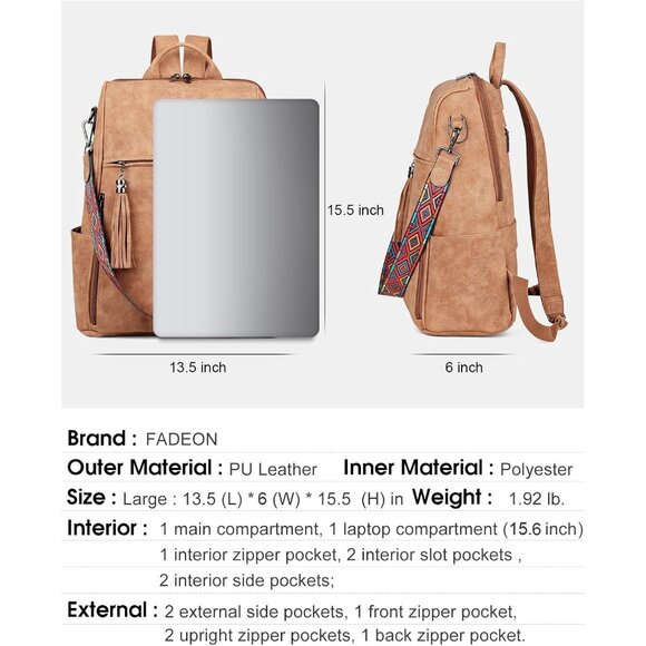 Women Camel Brown Suede Style Backpack Designer 15.6 inch PU Leather Laptop Bag - Picture 4 of 9